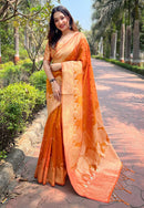 Orange Organza Floral Rainbow Zari Woven Unique Saree