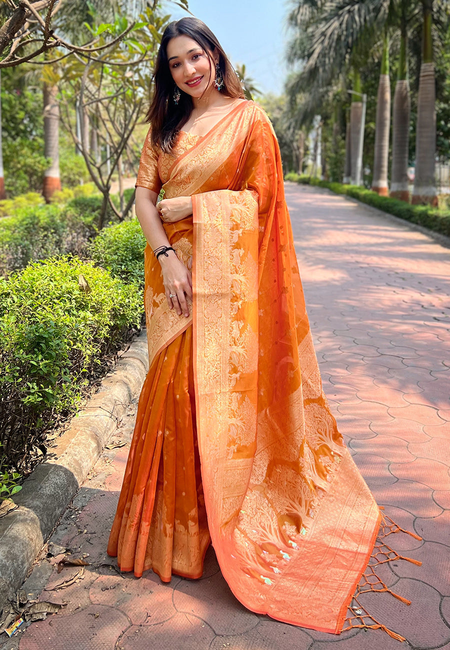 Orange Organza Floral Rainbow Zari Woven Unique Saree