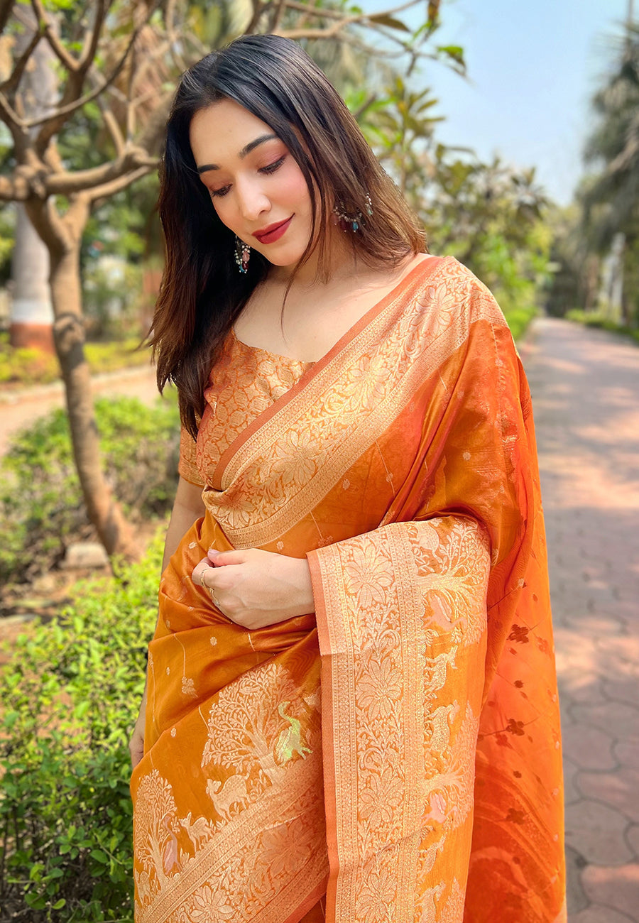 Orange Organza Floral Rainbow Zari Woven Unique Saree