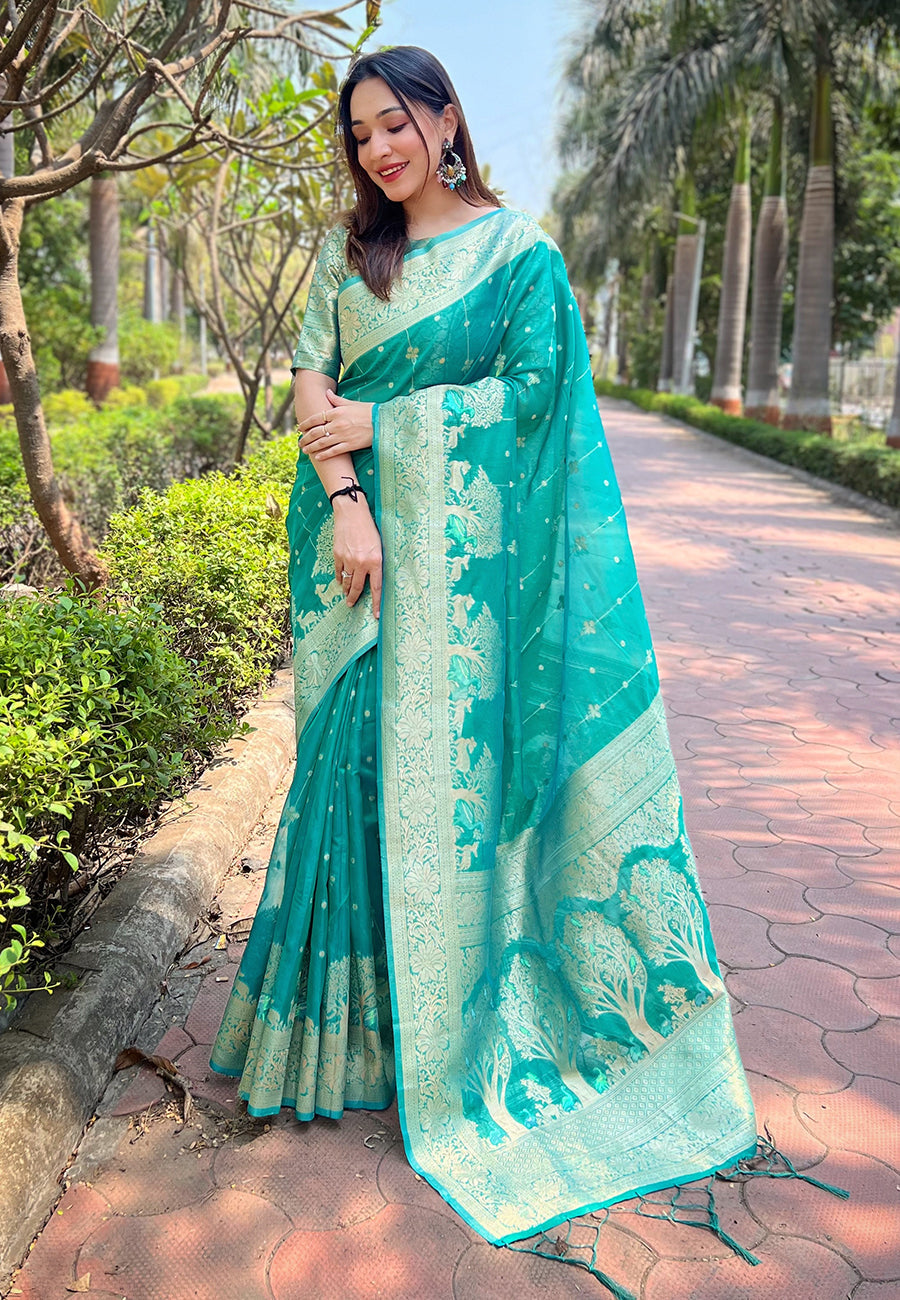 Sea Green Organza Floral Rainbow Zari Woven Unique Saree