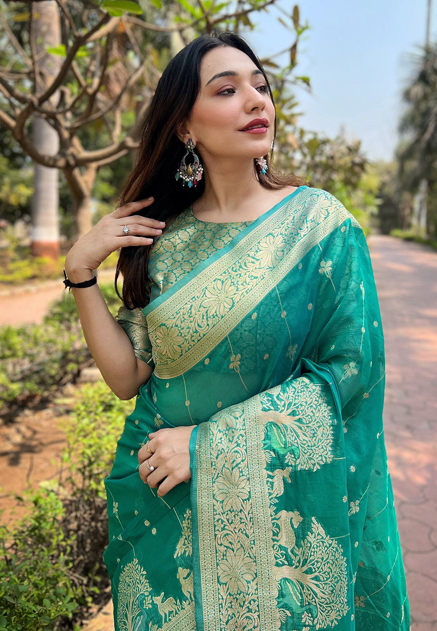 Sea Green Organza Floral Rainbow Zari Woven Unique Saree