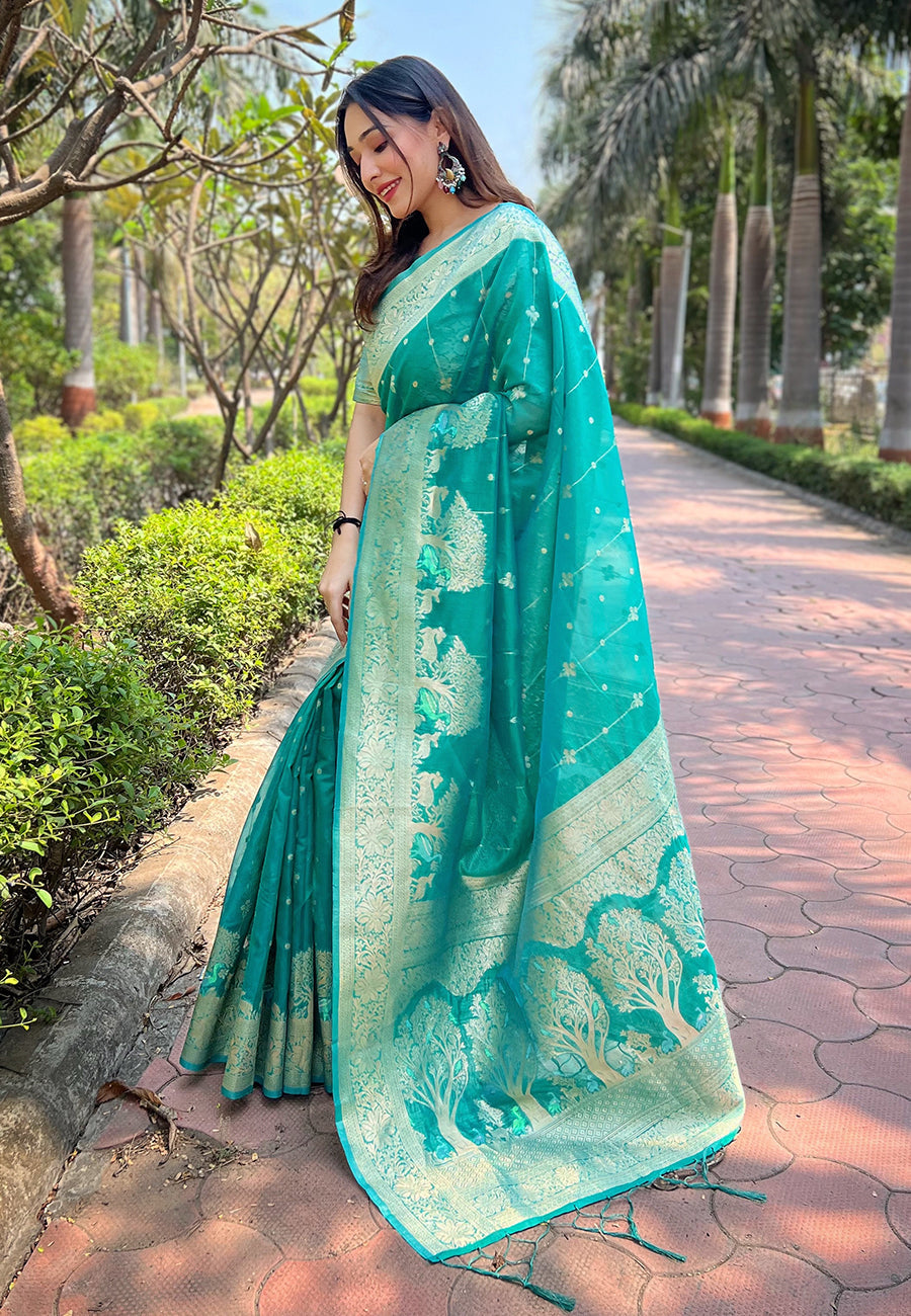 Sea Green Organza Floral Rainbow Zari Woven Unique Saree