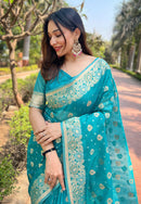 Pacific Blue Organza Floral Dual Zari Woven Saree With Unstitched Blouse