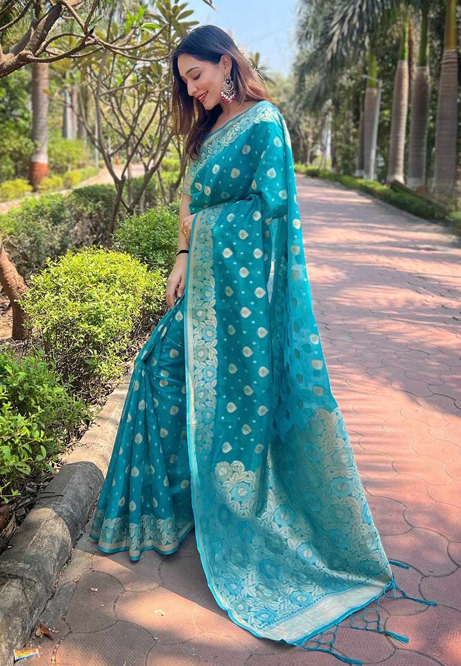 Pacific Blue Organza Floral Dual Zari Woven Saree With Unstitched Blouse