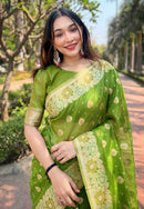 Nasty Green Organza Floral Dual Zari Woven Saree With Unstitched Blouse