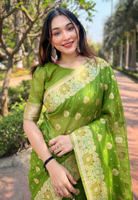 Nasty Green Organza Floral Dual Zari Woven Saree With Unstitched Blouse
