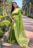 Nasty Green Organza Floral Dual Zari Woven Saree With Unstitched Blouse