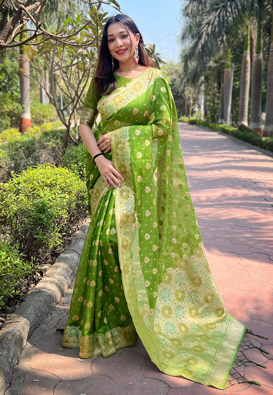 Nasty Green Organza Floral Dual Zari Woven Saree With Unstitched Blouse