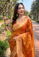 Pumpkin Orange Organza Floral Dual Zari Woven Saree With Unstitched Blouse