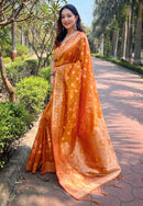 Pumpkin Orange Organza Floral Dual Zari Woven Saree With Unstitched Blouse