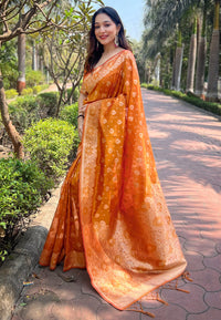 Pumpkin Orange Organza Floral Dual Zari Woven Saree With Unstitched Blouse