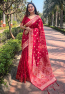 Red Organza Floral Dual Zari Woven Saree With Unstitched Blouse