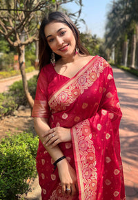 Red Organza Floral Dual Zari Woven Saree With Unstitched Blouse