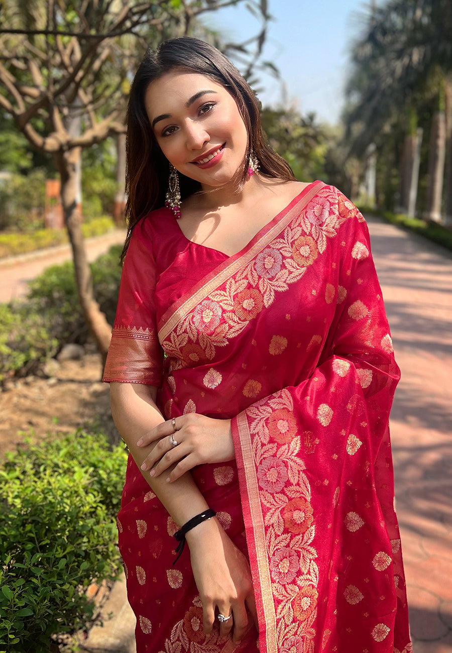 Red Organza Floral Dual Zari Woven Saree With Unstitched Blouse