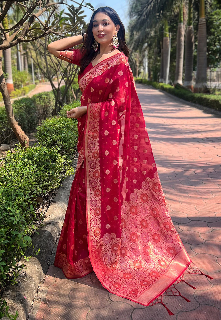 Red Organza Floral Dual Zari Woven Saree With Unstitched Blouse