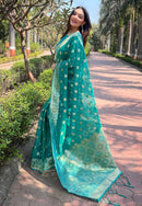 Bluish Green Organza Floral Dual Zari Woven Saree With Unstitched Blouse