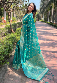 Bluish Green Organza Floral Dual Zari Woven Saree With Unstitched Blouse