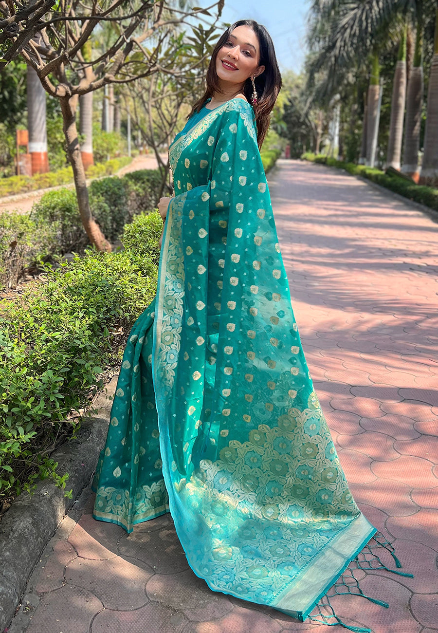 Bluish Green Organza Floral Dual Zari Woven Saree With Unstitched Blouse