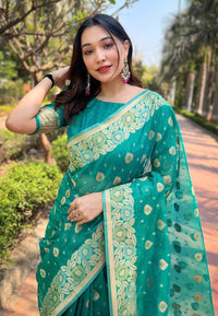 Bluish Green Organza Floral Dual Zari Woven Saree With Unstitched Blouse