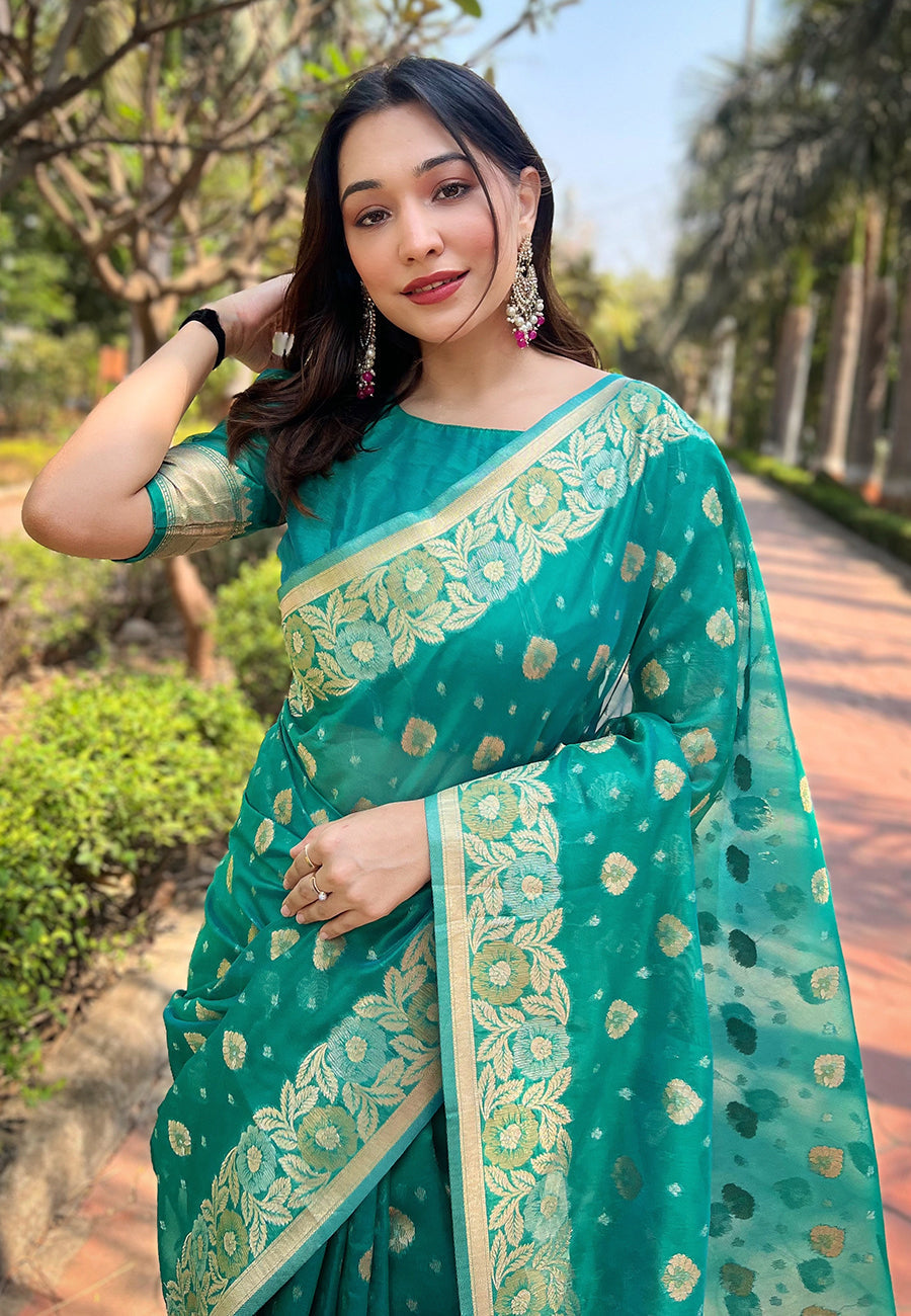 Bluish Green Organza Floral Dual Zari Woven Saree With Unstitched Blouse