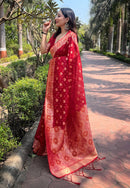 Red Organza Floral Dual Zari Woven Saree With Unstitched Blouse
