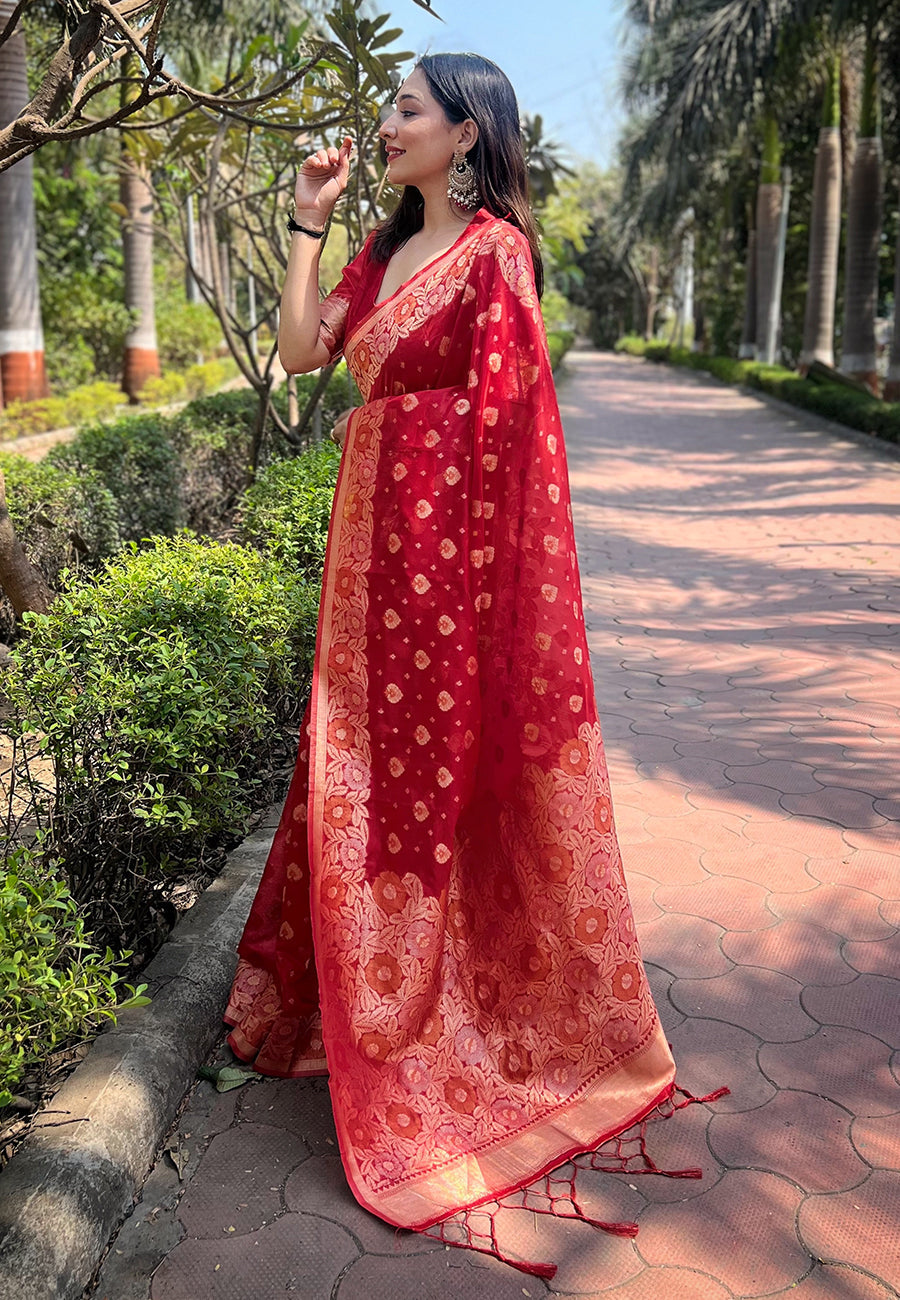 Red Organza Floral Dual Zari Woven Saree With Unstitched Blouse