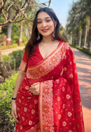 Red Organza Floral Dual Zari Woven Saree With Unstitched Blouse