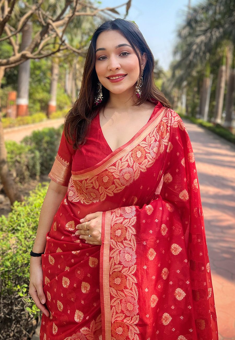Red Organza Floral Dual Zari Woven Saree With Unstitched Blouse