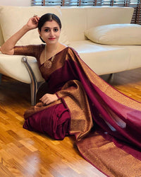 Nayira - Maroon Blue Soft Silk Saree with Silver Zari Border and Matching Blouse