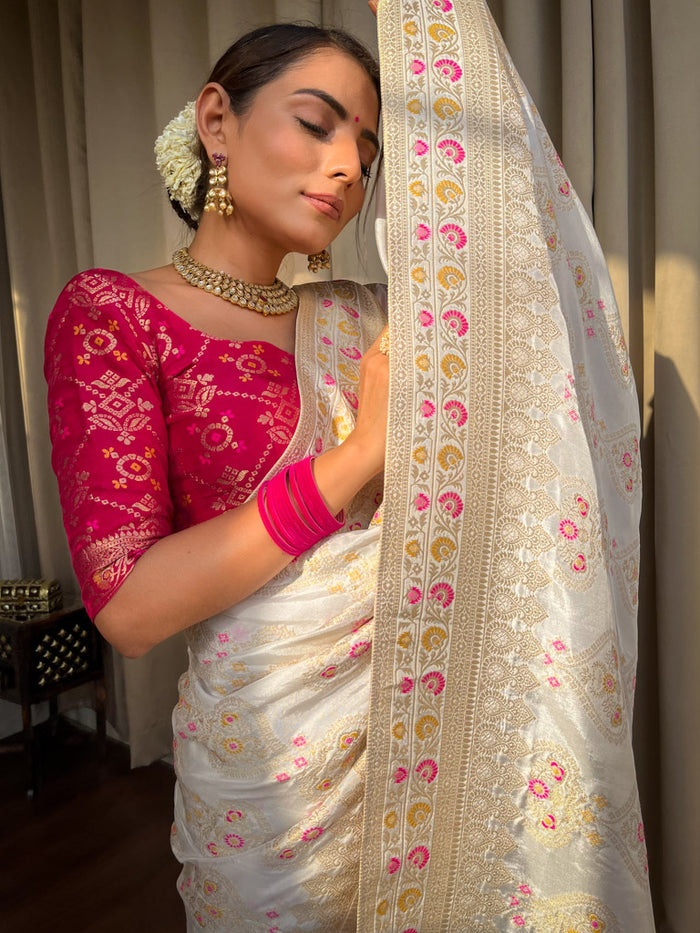White Banarasi Soft Silk Saree