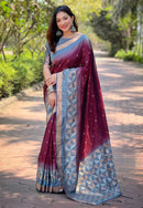 Maroon Soft Silk Floral Border Contrast Zari Woven Saree