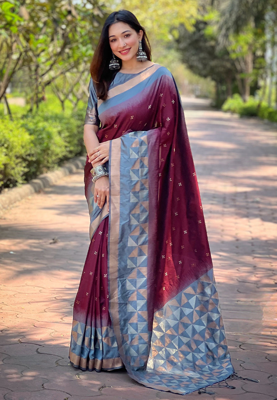Maroon Soft Silk Floral Border Contrast Zari Woven Saree