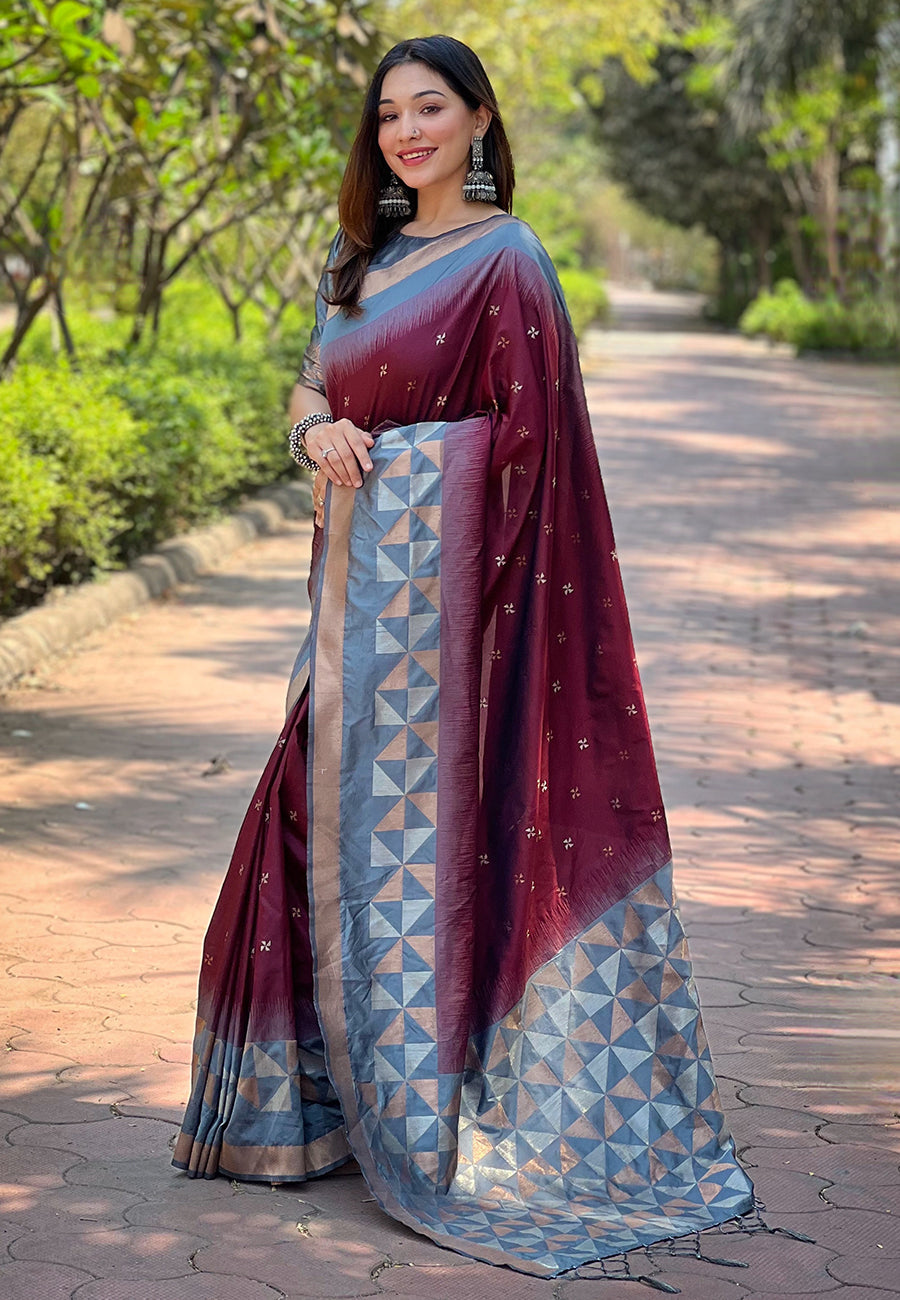 Maroon Soft Silk Floral Border Contrast Zari Woven Saree