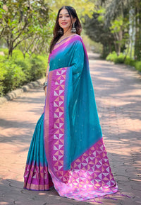 Sky Blue Soft Silk Floral Border Contrast Zari Woven Saree