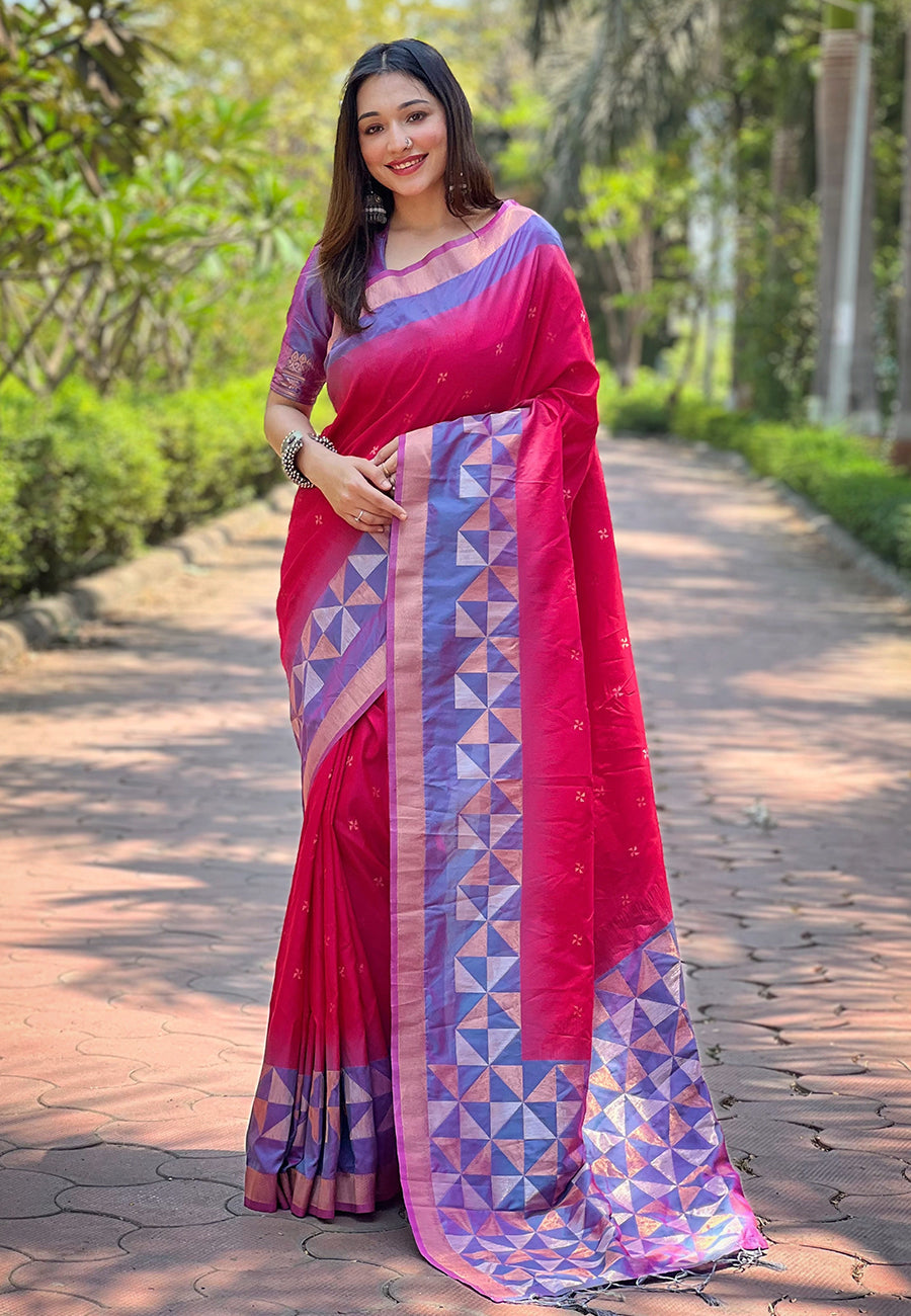 Dark Pink Soft Silk Floral Border Contrast Zari Woven Saree