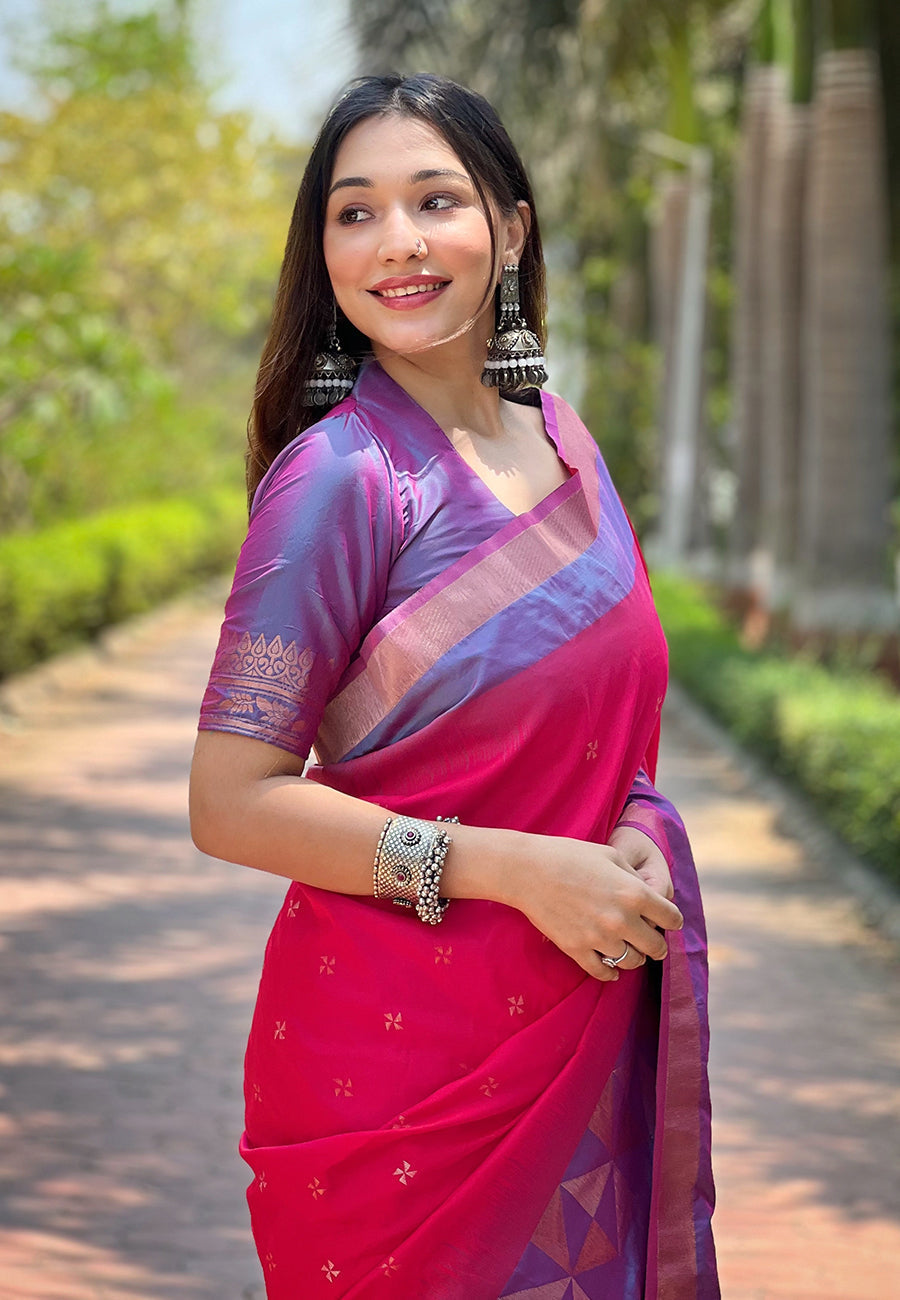 Dark Pink Soft Silk Floral Border Contrast Zari Woven Saree