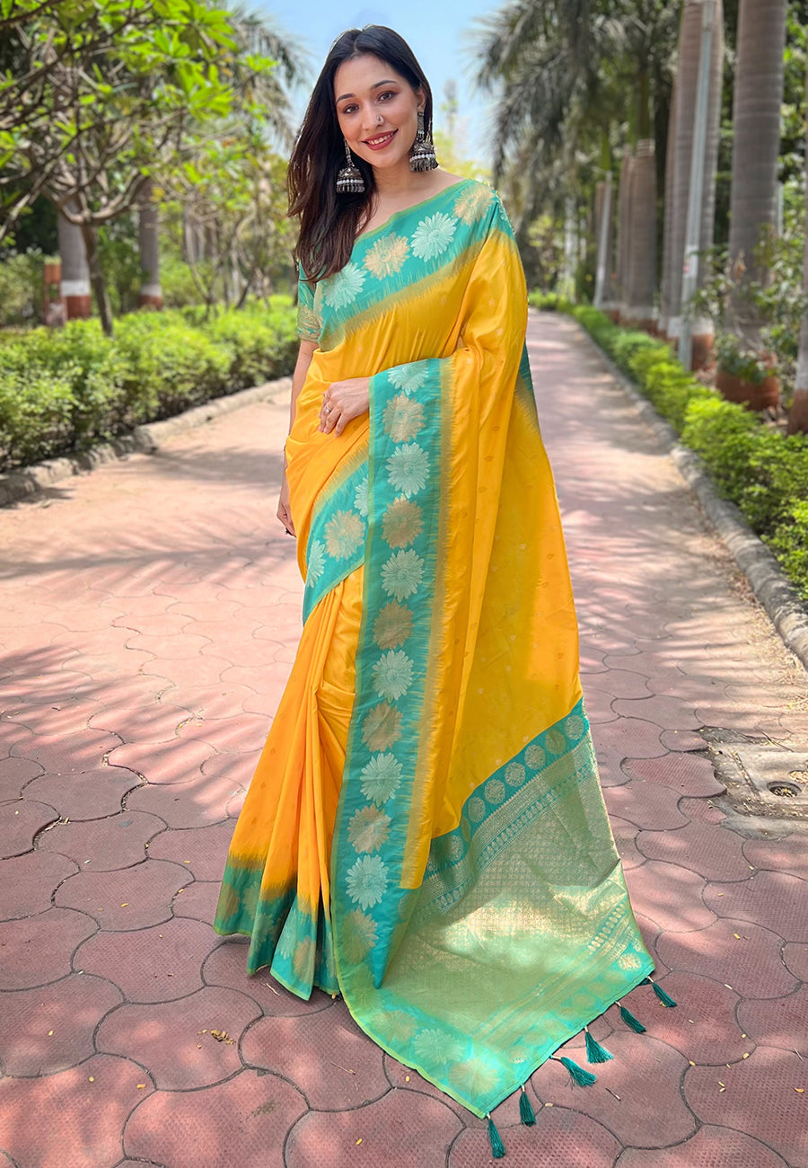 Yellow Soft Silk Floral Border Zari Woven Saree