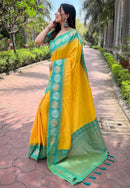 Yellow Soft Silk Floral Border Zari Woven Saree