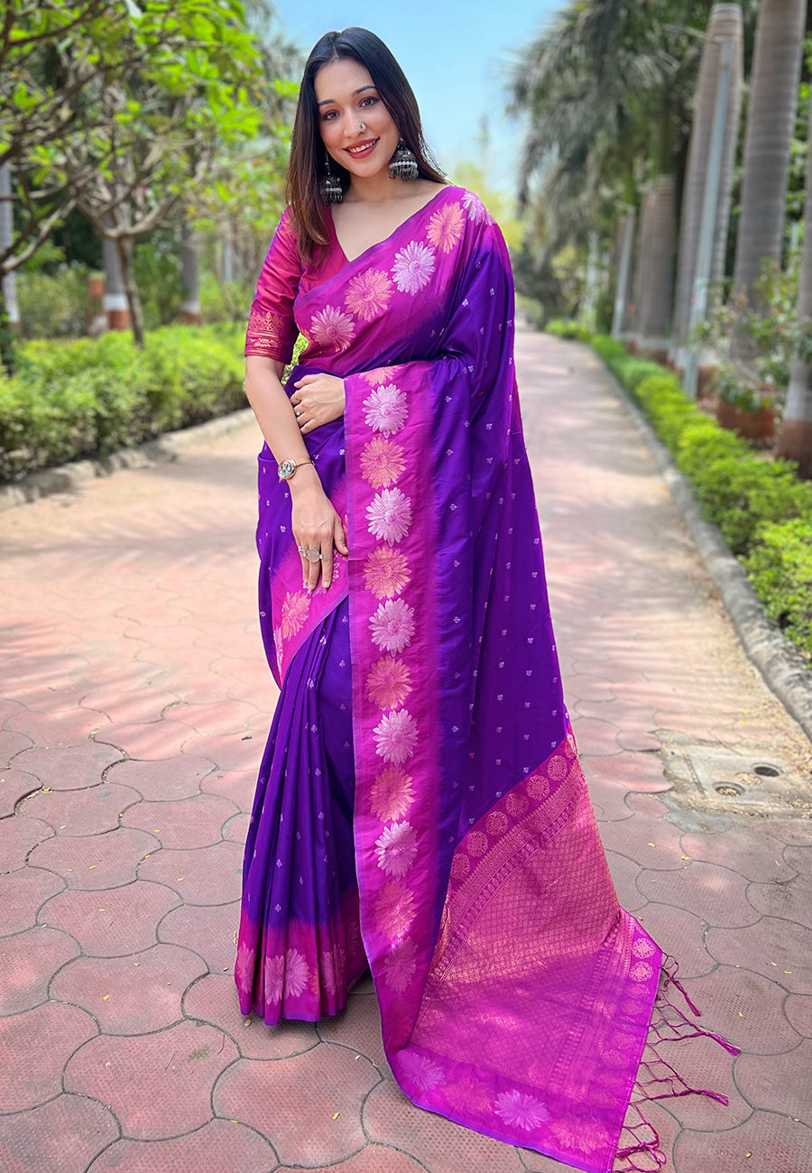 Violet Soft Silk Floral Border Zari Woven Saree