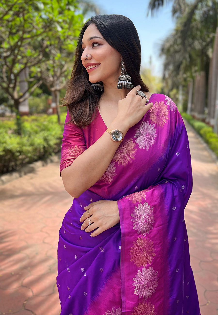Violet Soft Silk Floral Border Zari Woven Saree