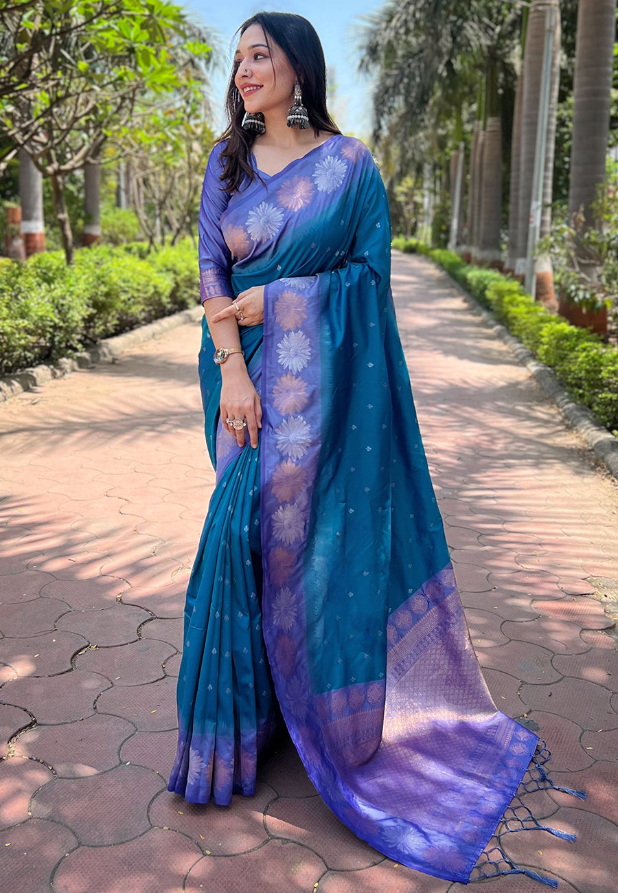Teal Blue Soft Silk Floral Border Zari Woven Saree