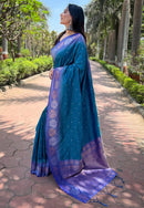 Teal Blue Soft Silk Floral Border Zari Woven Saree