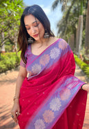 Dark Pink Soft Silk Floral Border Zari Woven Saree