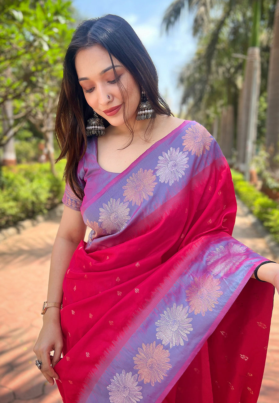 Dark Pink Soft Silk Floral Border Zari Woven Saree