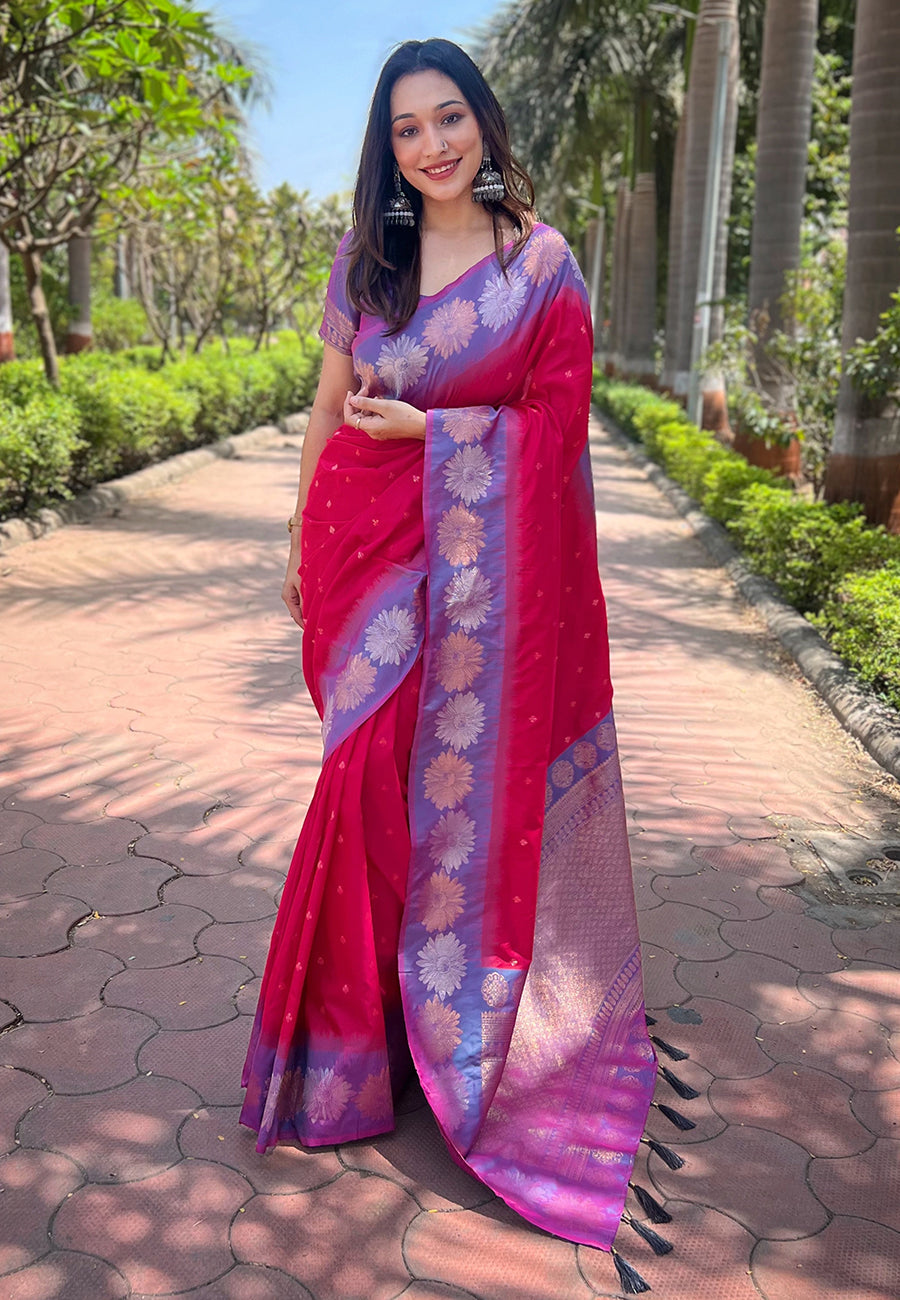 Dark Pink Soft Silk Floral Border Zari Woven Saree