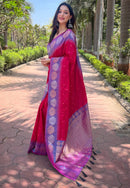 Dark Pink Soft Silk Floral Border Zari Woven Saree