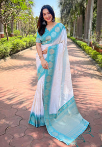 White Soft Silk Floral Border Zari Woven Saree