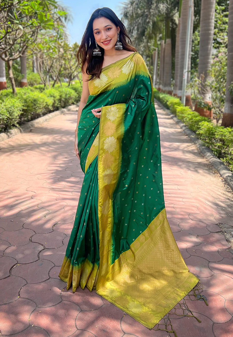 Dark Green Soft Silk Floral Border Zari Woven Saree