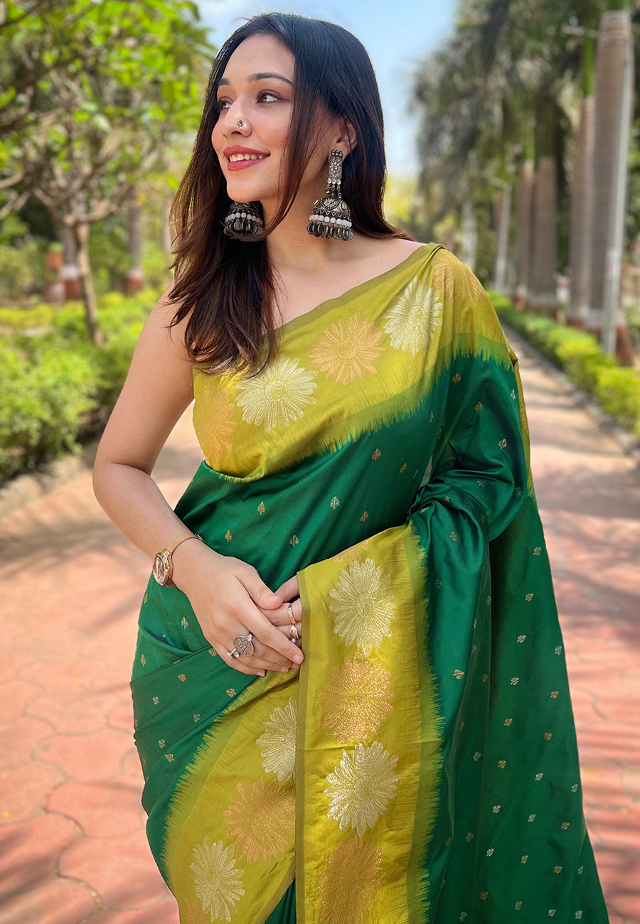 Dark Green Soft Silk Floral Border Zari Woven Saree