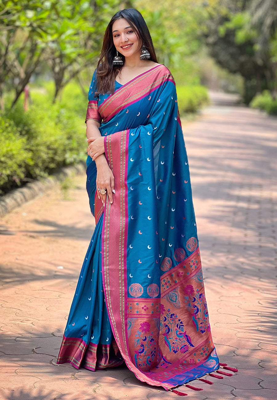 Blue Contrast Zari Woven Chaand Yeola Paithani Silk Saree